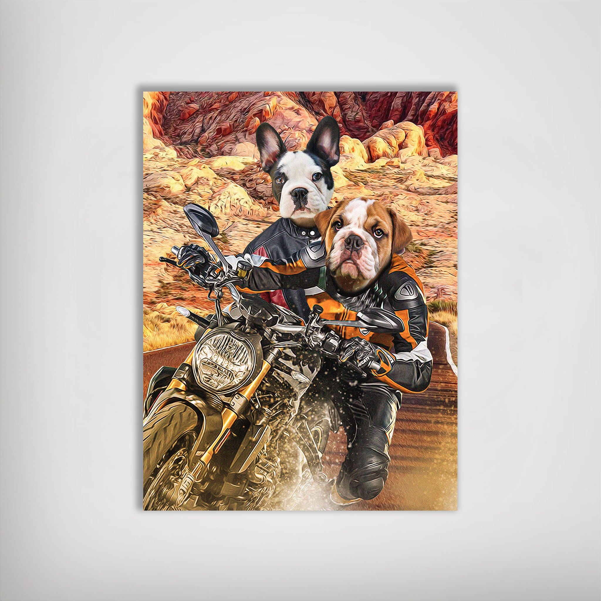 Personalized 'Dogati Riders' poster featuring two pets, a French Bulldog and a Bulldog, on a motorcycle.