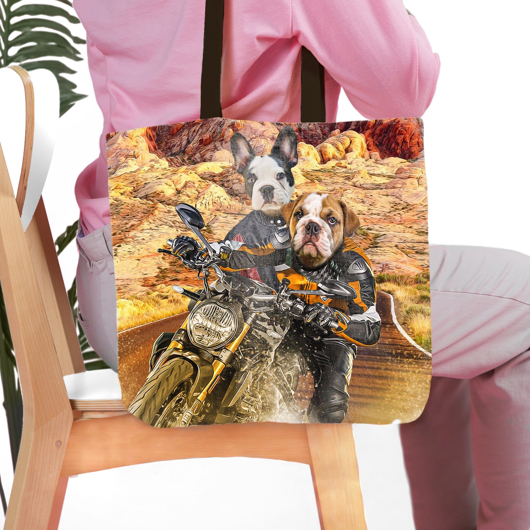 Personalized 'Dogati Riders' tote bag featuring custom pet portraits of a French Bulldog and Bulldog on a motorcycle.