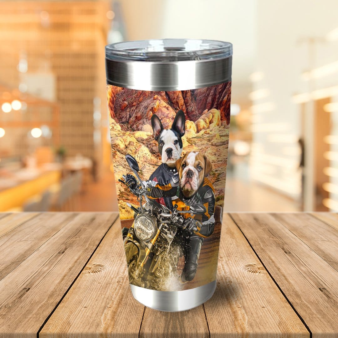 Personalized stainless steel tumbler with two dogs in Viking motorcycle gear.