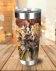 Personalized stainless steel tumbler with two dogs in Viking motorcycle gear.