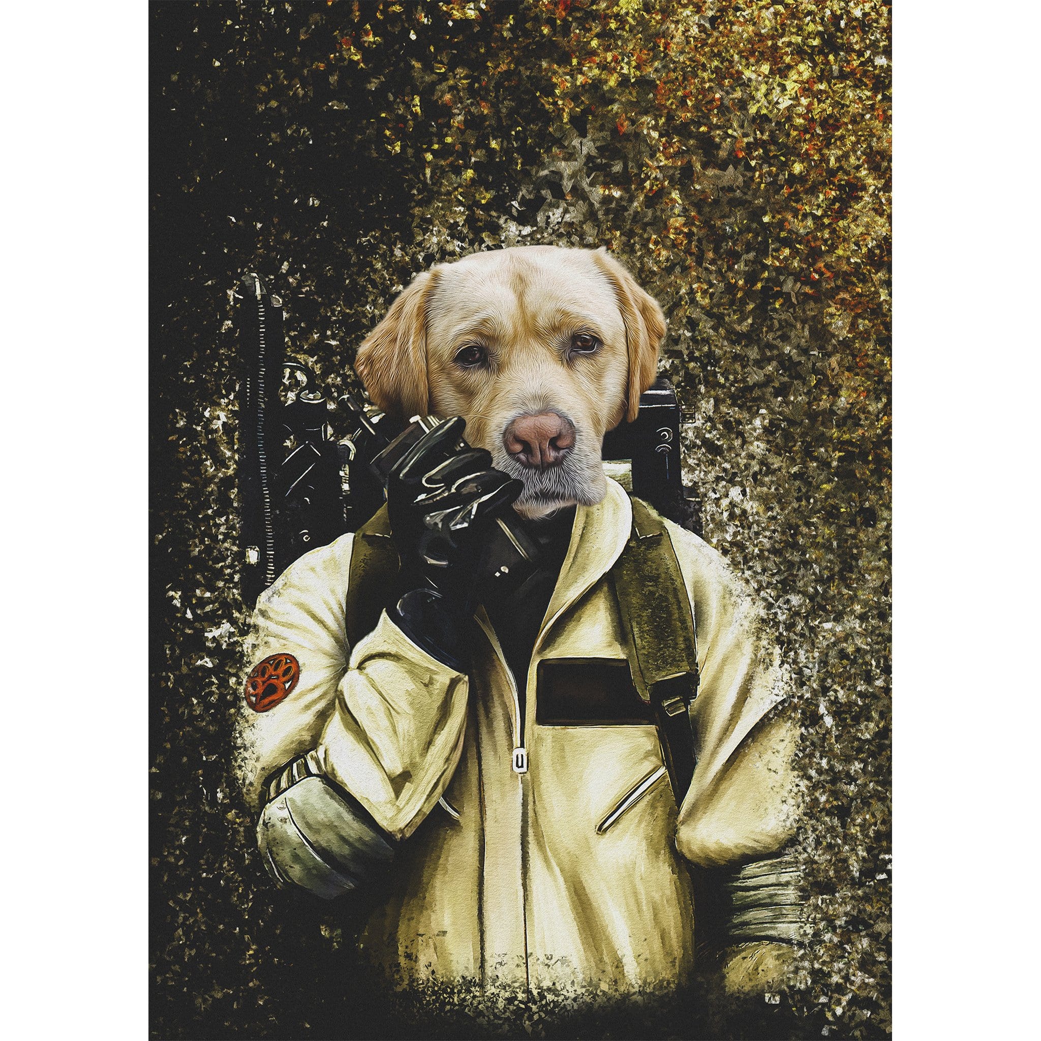 Custom digital portrait of a golden retriever dog dressed as a Ghostbuster, holding a walkie-talkie.