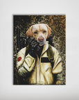 Personalized 'Dogbuster' poster featuring a golden retriever in a beige ghostbuster suit with a proton pack.
