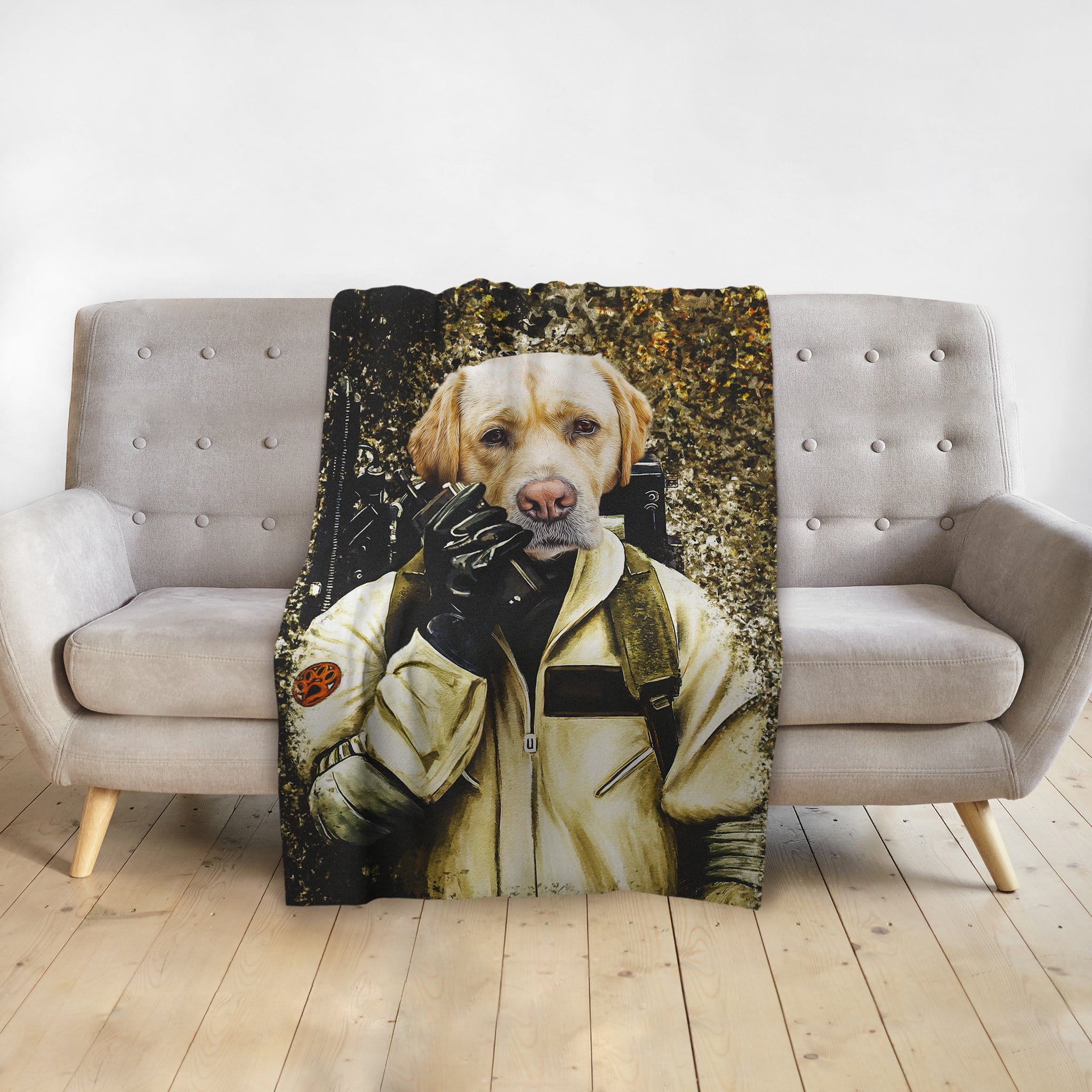 Personalized Dogbuster pet portrait blanket featuring a yellow lab on a gray couch.