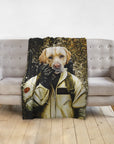 Personalized Dogbuster pet portrait blanket featuring a yellow lab on a gray couch.