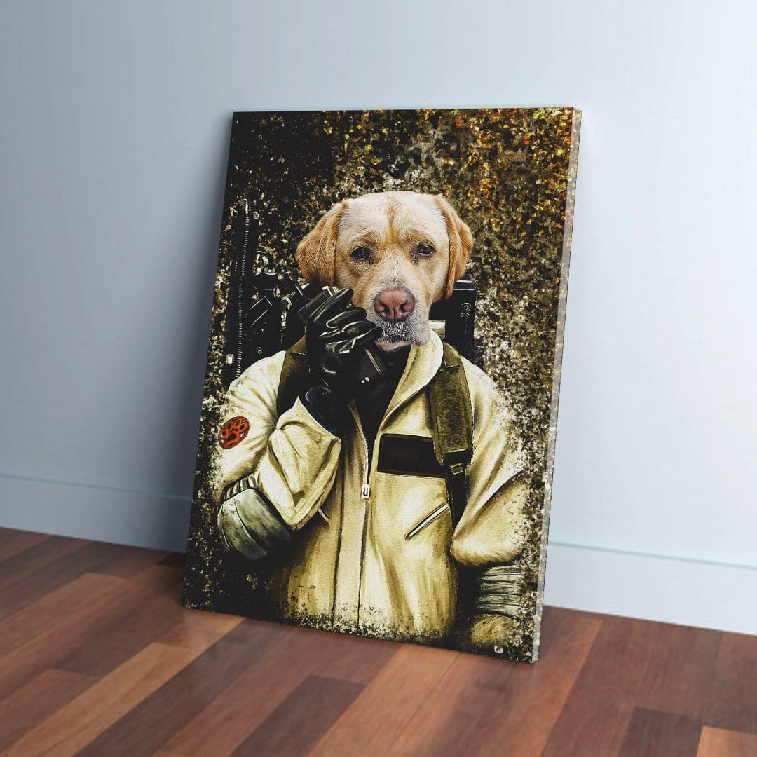 Personalized Dogbuster pet canvas featuring a golden retriever in a beige ghostbuster suit.