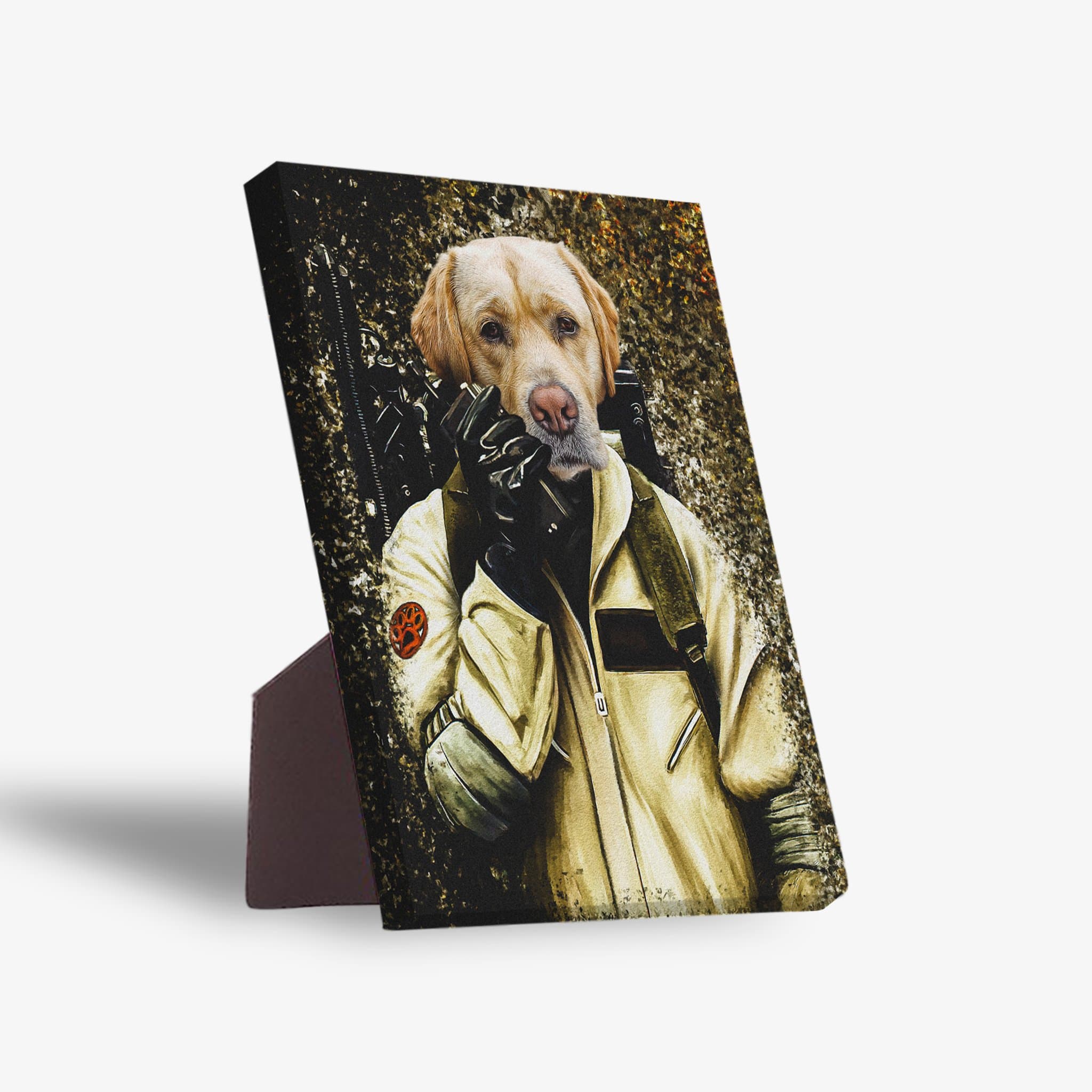 Personalized 'Dogbuster' pet standing canvas featuring a golden retriever in a Ghostbuster uniform.