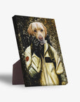 Personalized 'Dogbuster' pet standing canvas featuring a golden retriever in a Ghostbuster uniform.