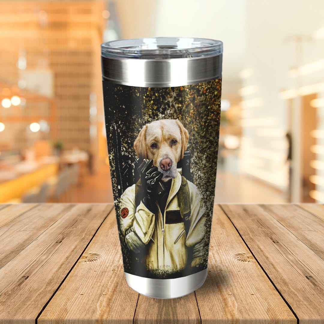 Personalized stainless steel tumbler with a custom dog portrait in a Ghostbusters-style uniform.