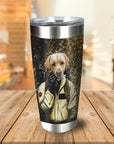 Personalized stainless steel tumbler with a custom dog portrait in a Ghostbusters-style uniform.