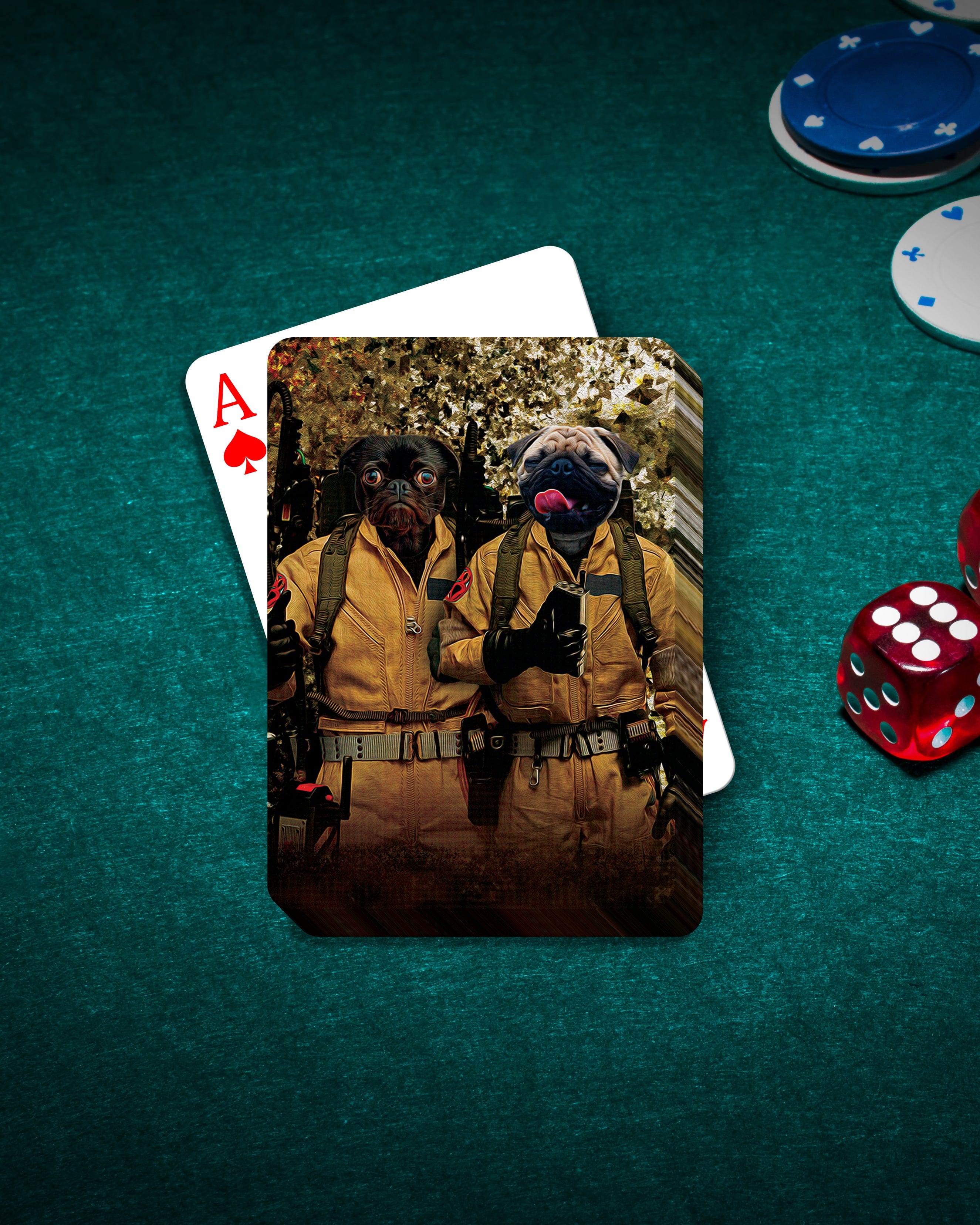 Custom 'Dogbusters' personalized playing cards featuring two pugs in Ghostbusters costumes on a green felt table with poker chips and dice.