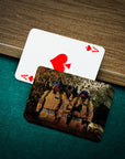 Custom 'Dogbusters' personalized playing cards featuring three pets in cartoon style on a green felt table.