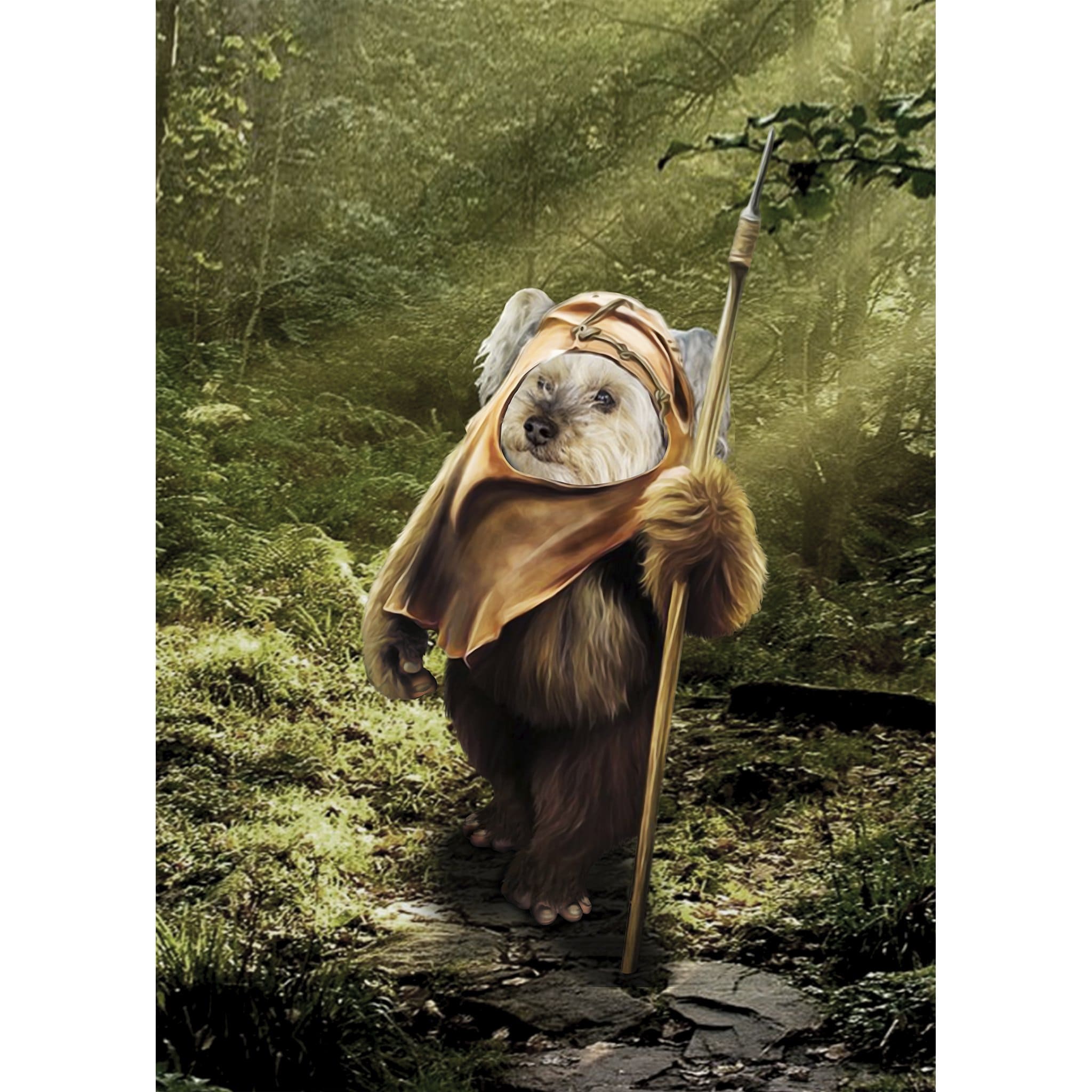 Custom digital portrait of a dog's face on an Ewok body in a forest, holding a spear.