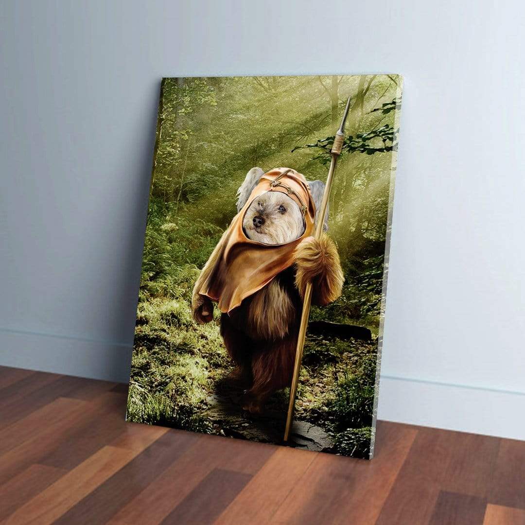 Personalized Dogg-E-Wok canvas featuring a dog dressed as an Ewok in a forest, holding a spear.