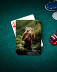 Personalized pet playing cards featuring a dog in an Ewok costume on a green felt table with poker chips and dice.