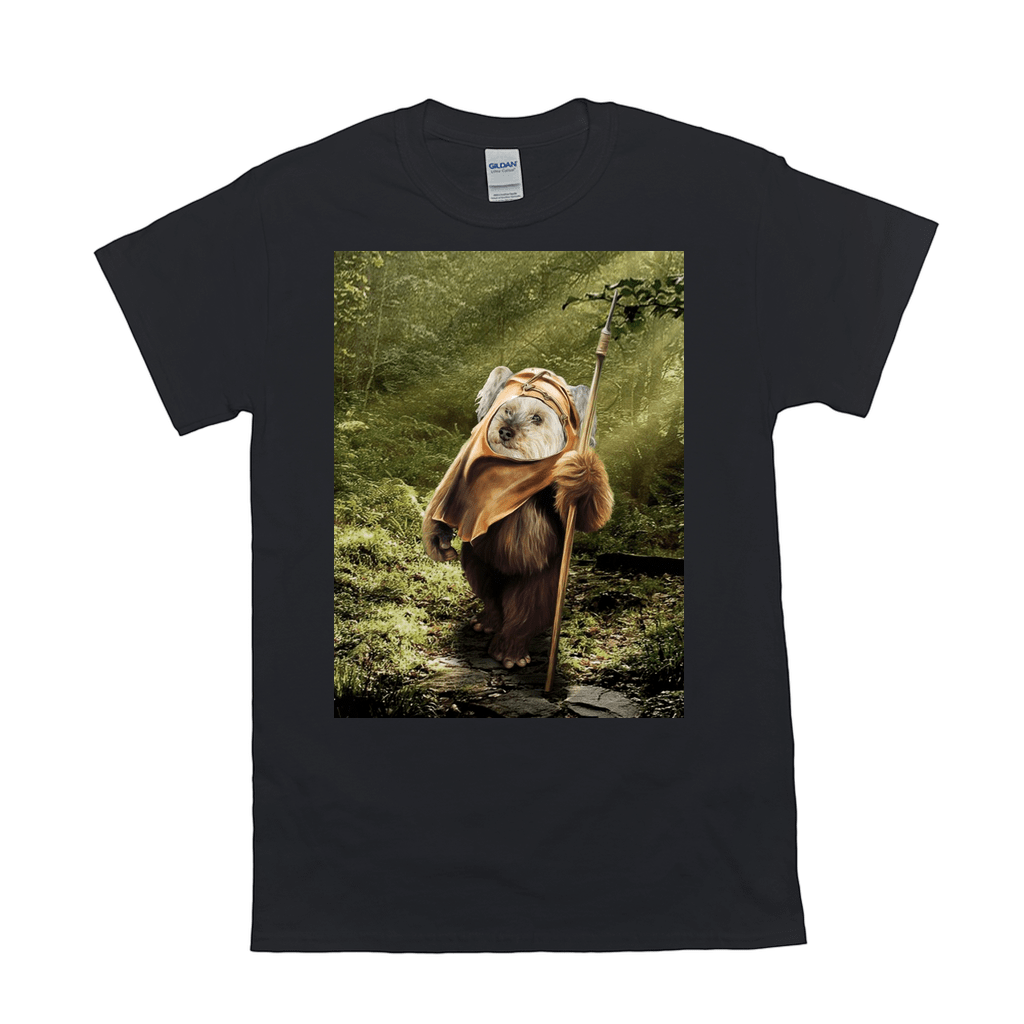 Black Gildan t-shirt with a personalized pet portrait of a dog dressed as an Ewok in a forest.