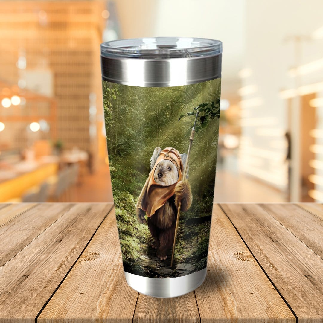 Personalized stainless steel tumbler with a custom dog portrait in an Ewok costume, holding a spear in a forest.