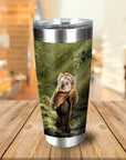 Personalized stainless steel tumbler with a custom dog portrait in an Ewok costume, holding a spear in a forest.