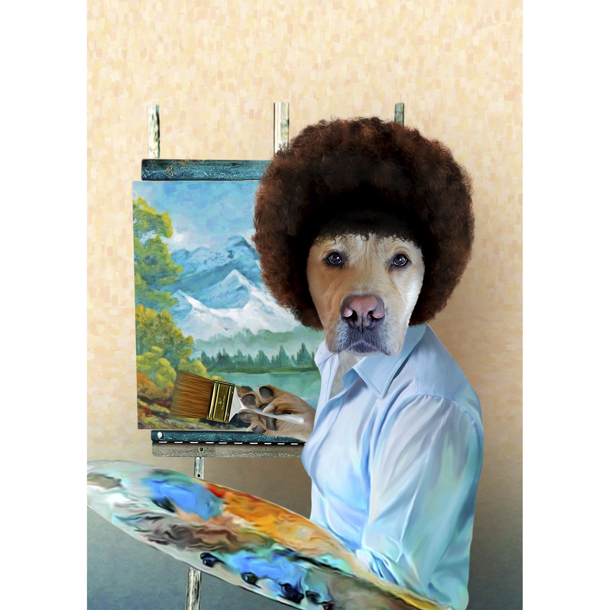Custom digital portrait of a dog with an afro, painting a landscape like Bob Ross.