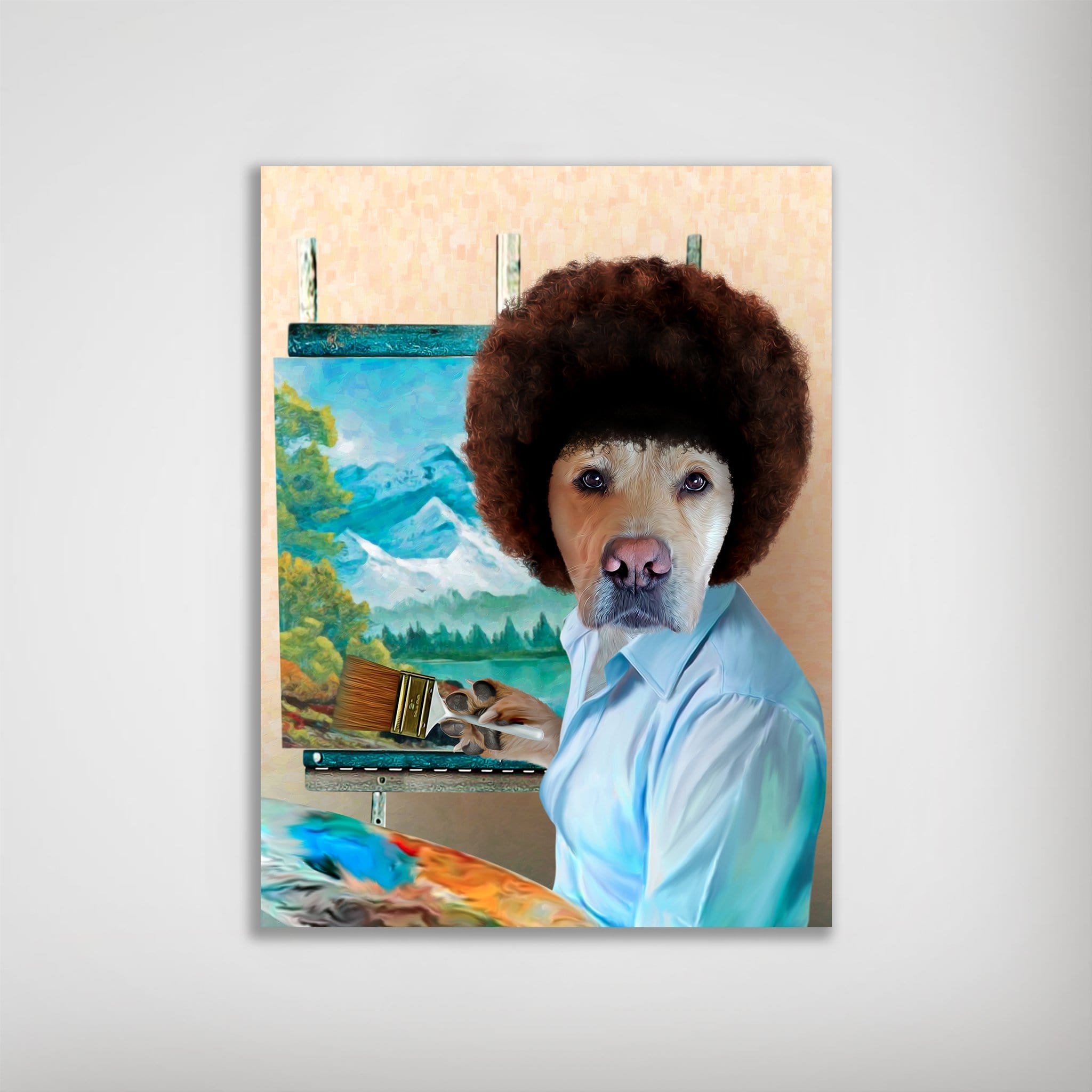 Personalized 'Dogg Ross' poster featuring a dog with an afro, painting a mountain landscape.
