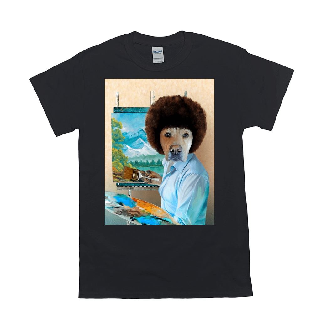 Black Gildan t-shirt with a personalized print of a dog dressed as Bob Ross painting a landscape.