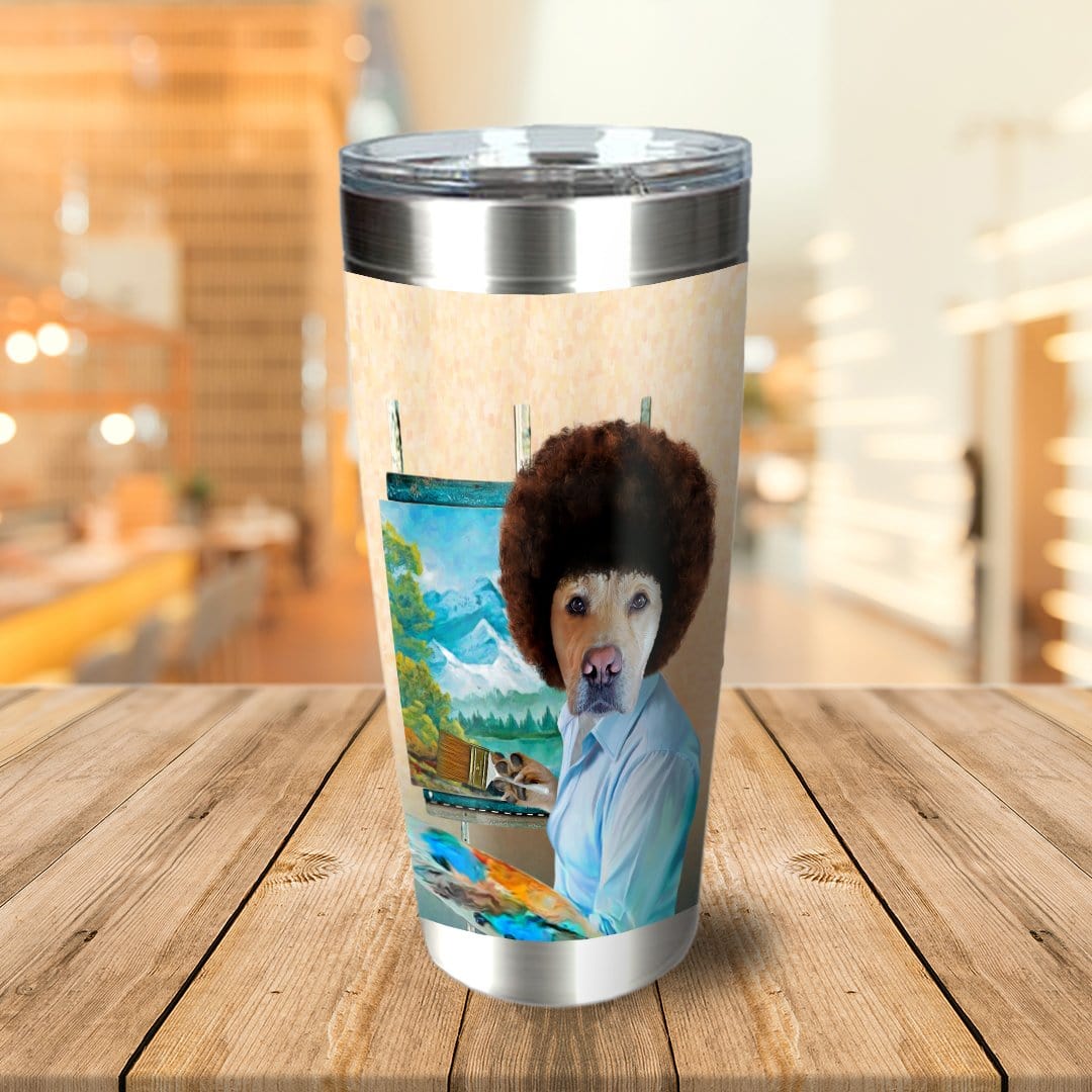 Personalized stainless steel tumbler with a custom dog portrait in a Bob Ross-style painting.