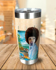 Personalized stainless steel tumbler with a custom dog portrait in a Bob Ross-style painting.