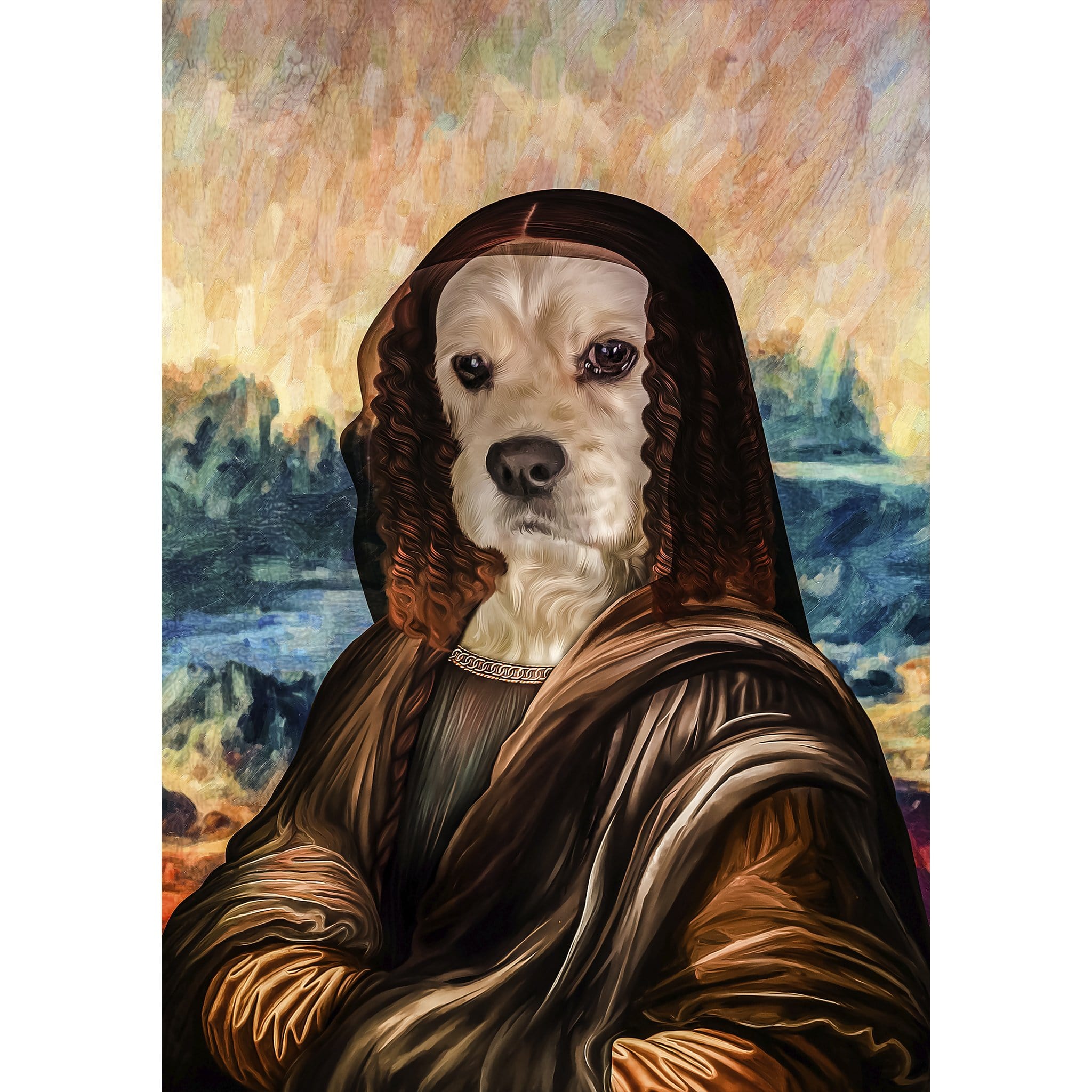 Custom renaissance portrait of a white dog's face on the Mona Lisa body.
