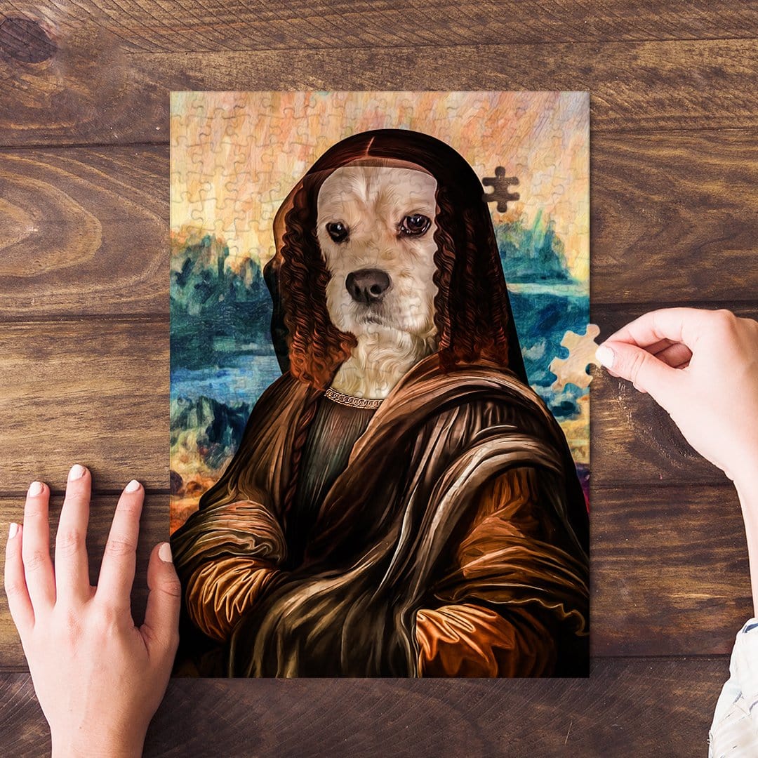 Personalized Dogga Lisa renaissance pet portrait puzzle with a white dog's face, partially assembled on wood.