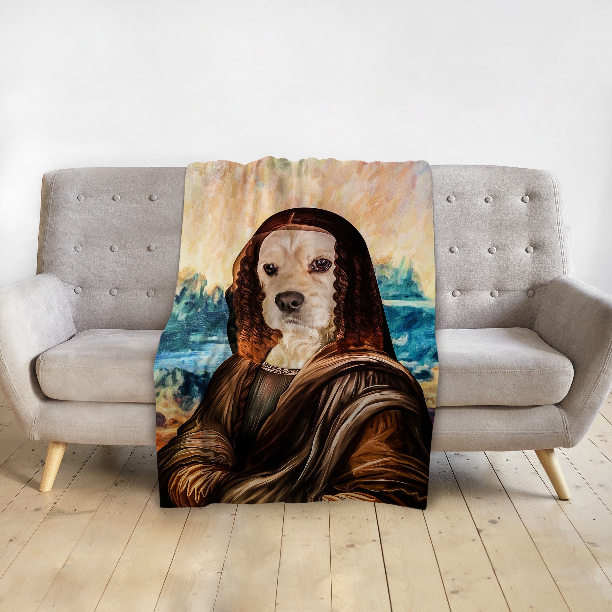 Personalized pet blanket featuring a Dogga Lisa renaissance portrait of a dog.