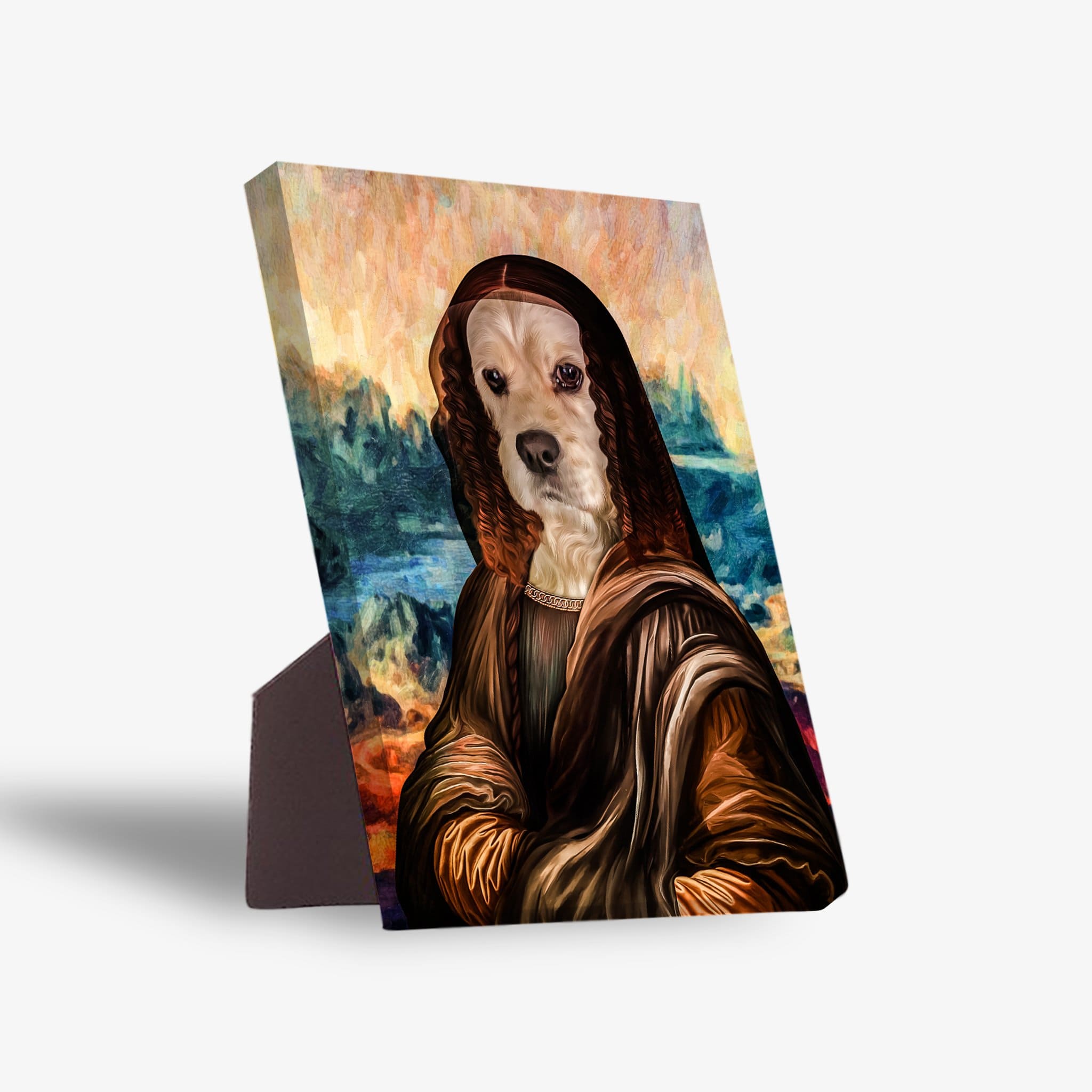 Personalized 'Dogga Lisa' standing canvas featuring a dog's head on the Mona Lisa portrait, with a sturdy back stand.