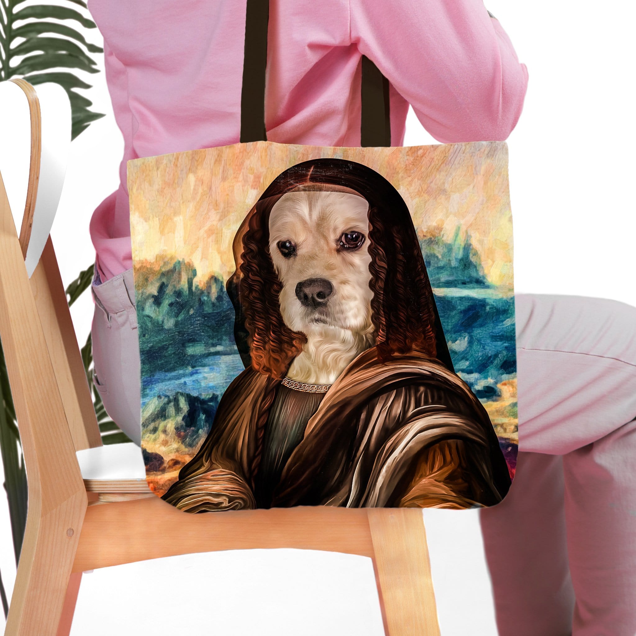 Personalized Dogga Lisa renaissance portrait tote bag featuring a cream-colored dog.