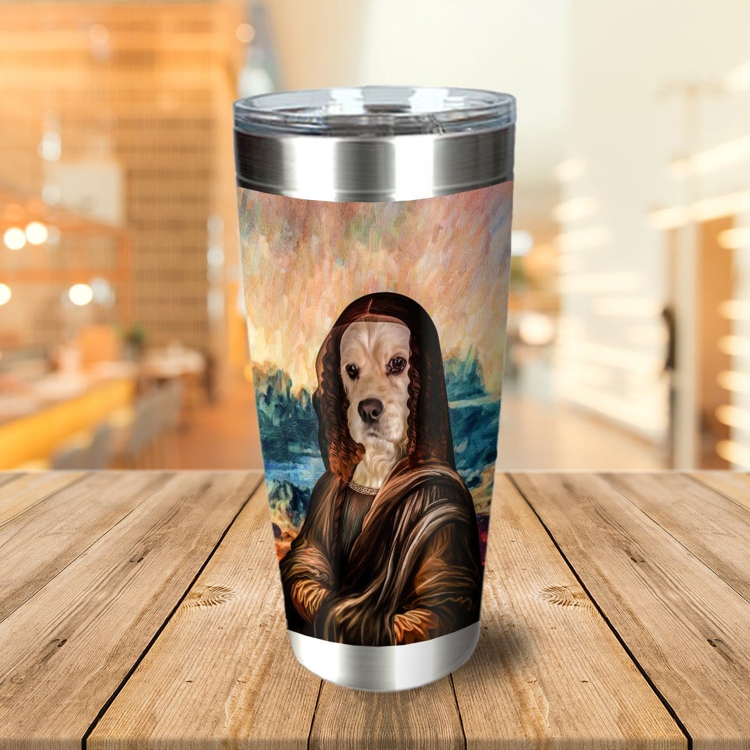 Personalized stainless steel tumbler featuring a dog in a Renaissance-style Mona Lisa portrait.