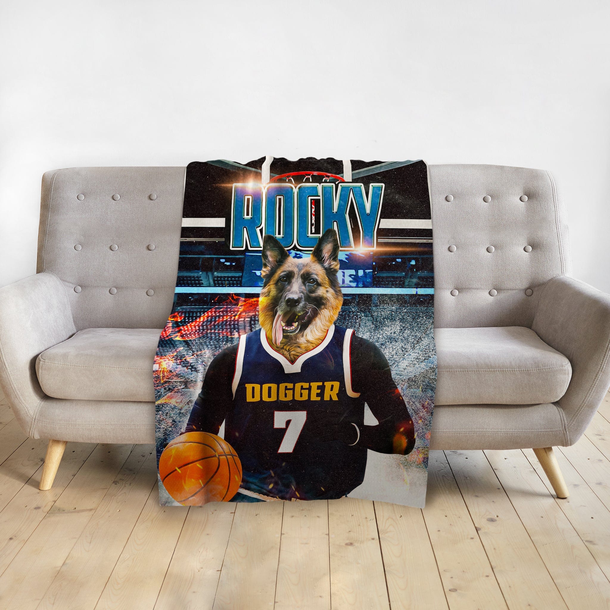 Personalized minky blanket featuring a German Shepherd pet portrait in a basketball jersey with "DOGGER" and "7".