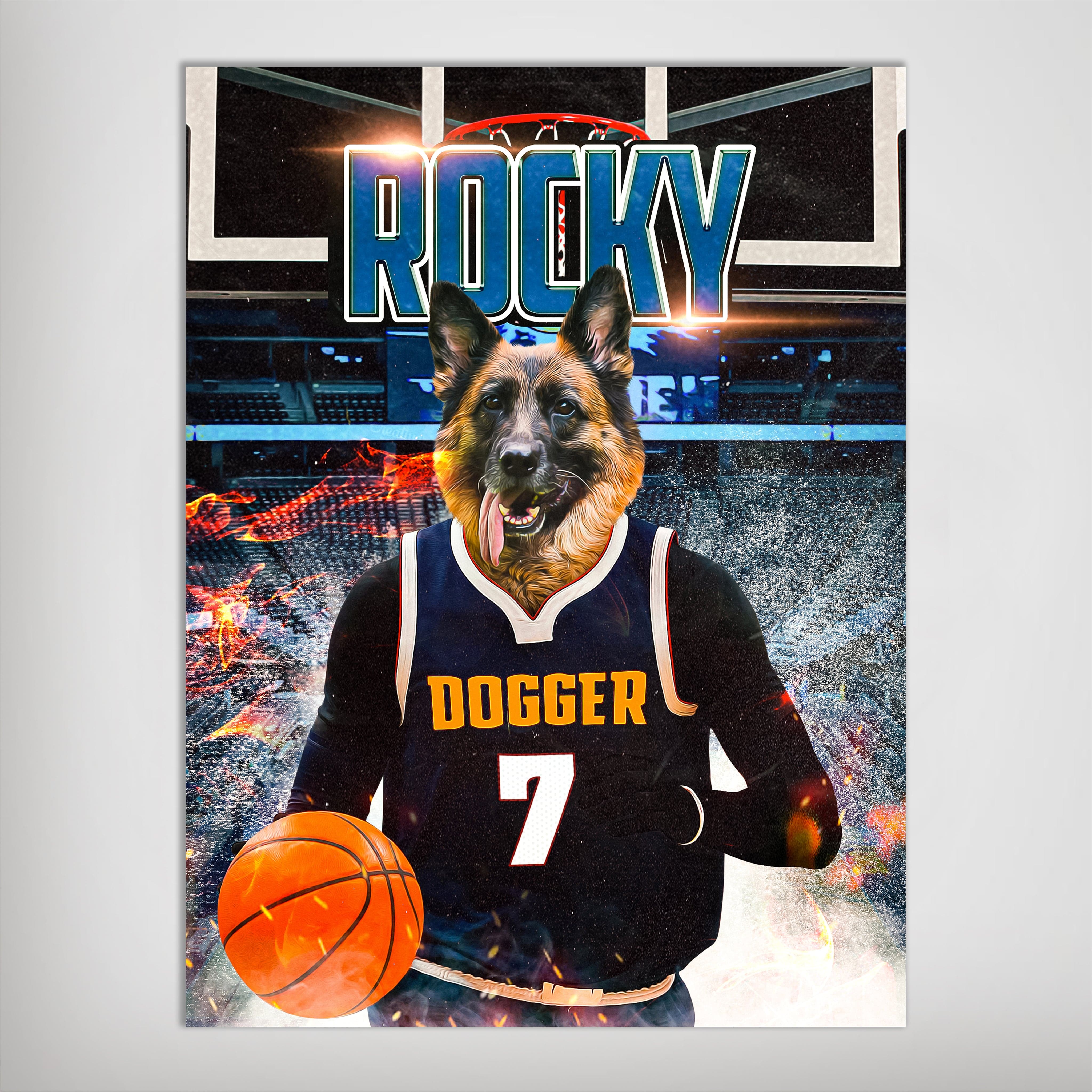 Personalized "Dogger Nuggets" poster featuring a German Shepherd in a black basketball jersey holding a ball.