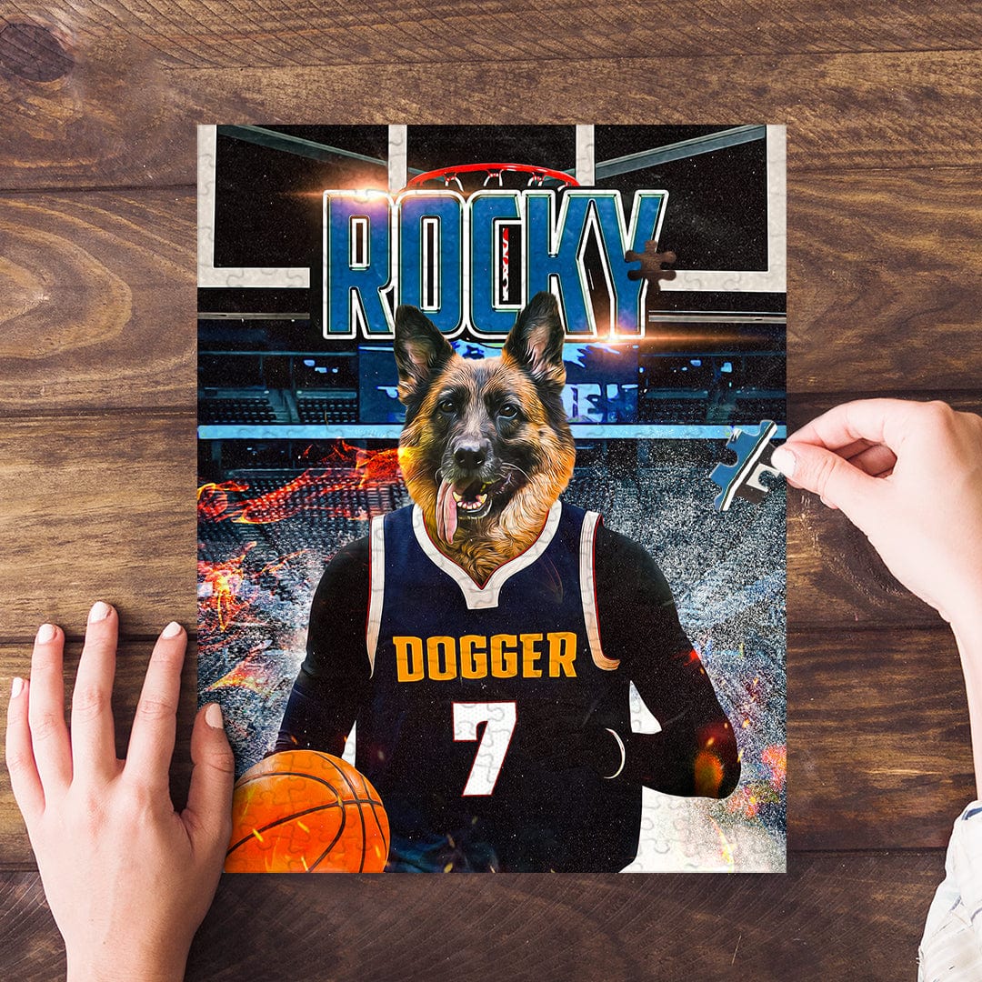 Personalized "Dogger Nuggets" pet puzzle featuring a German Shepherd in a basketball jersey.