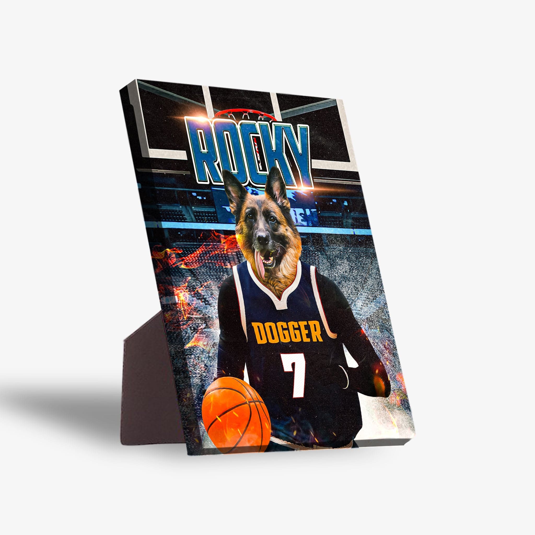 Personalized pet standing canvas featuring a German Shepherd in a blue basketball jersey with "DOGGER 7" and a basketball.