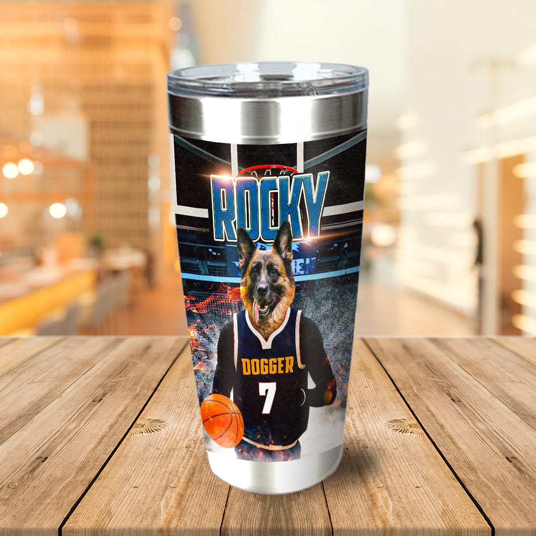 Personalized stainless steel tumbler with a German Shepherd pet portrait in a basketball uniform.