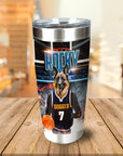 Personalized stainless steel tumbler with a German Shepherd pet portrait in a basketball uniform.