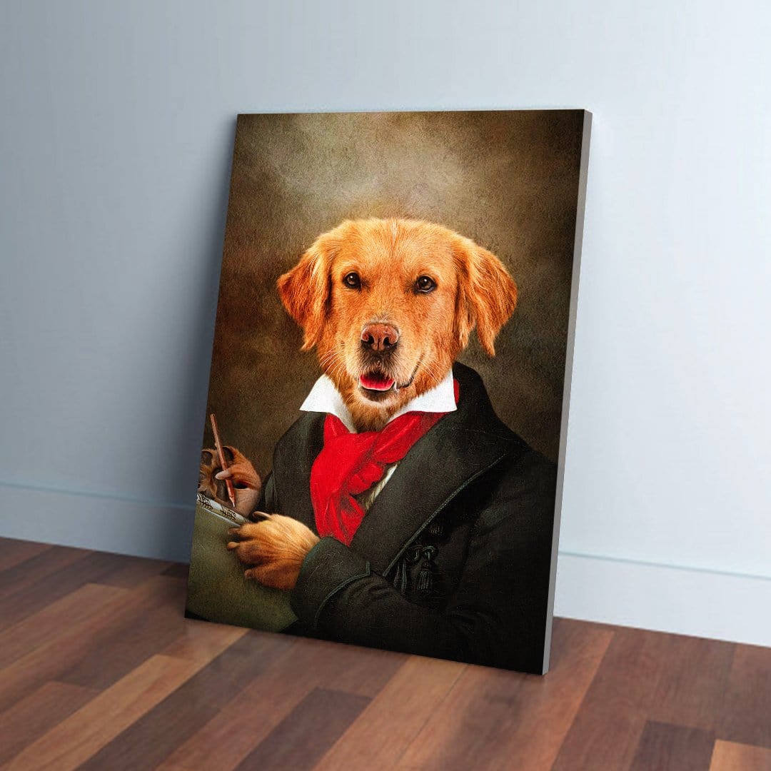 Golden Retriever pet portrait canvas, "Dogghoven" style, in a black coat and red cravat, leaning on a wall.