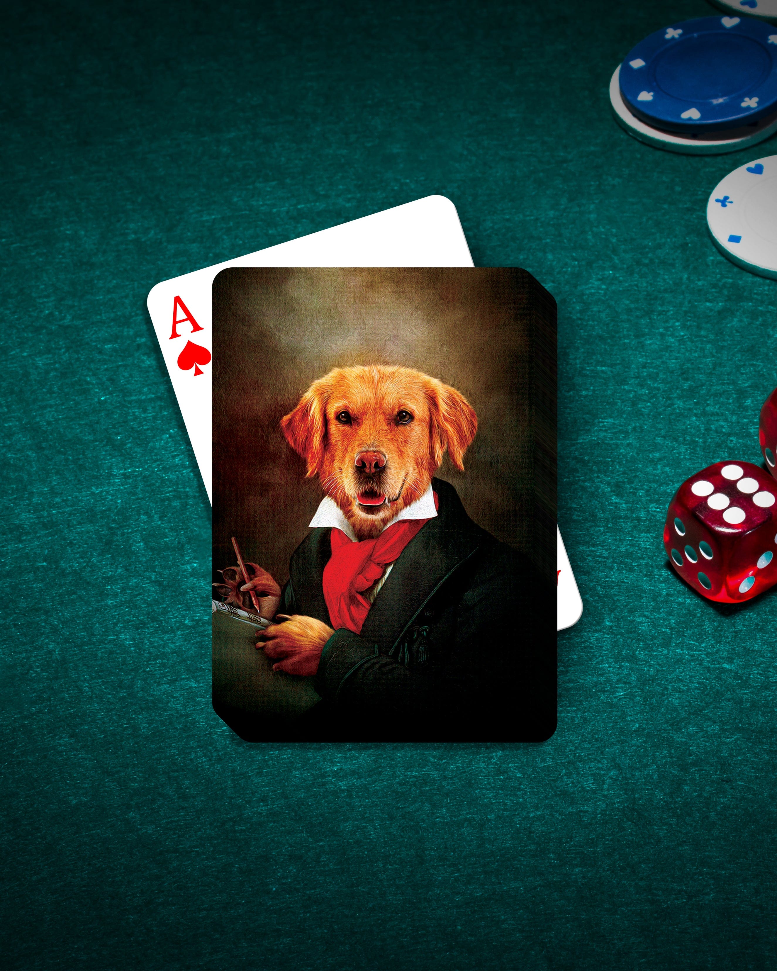 Personalized Dogghoven playing cards featuring a golden retriever in a renaissance portrait style.