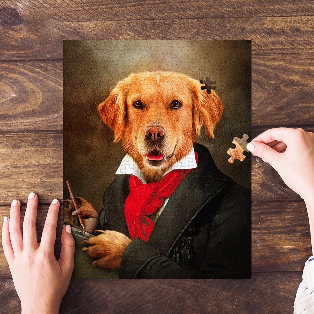 Custom Dogghoven personalized pet puzzle featuring a golden retriever in a renaissance portrait style.