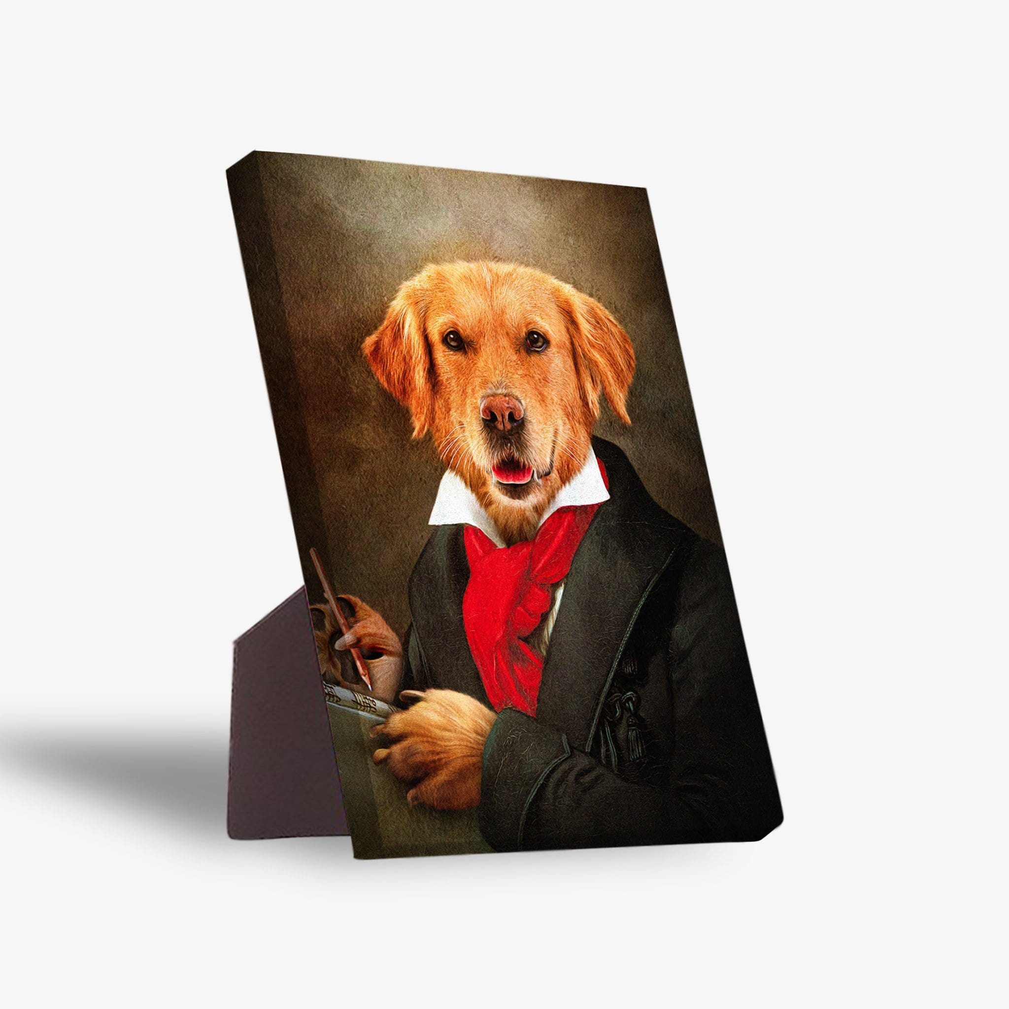 Golden Retriever pet portrait on a standing canvas, dressed as 'Dogghoven' in a black coat and red cravat.