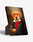 Golden Retriever pet portrait on a standing canvas, dressed as 'Dogghoven' in a black coat and red cravat.