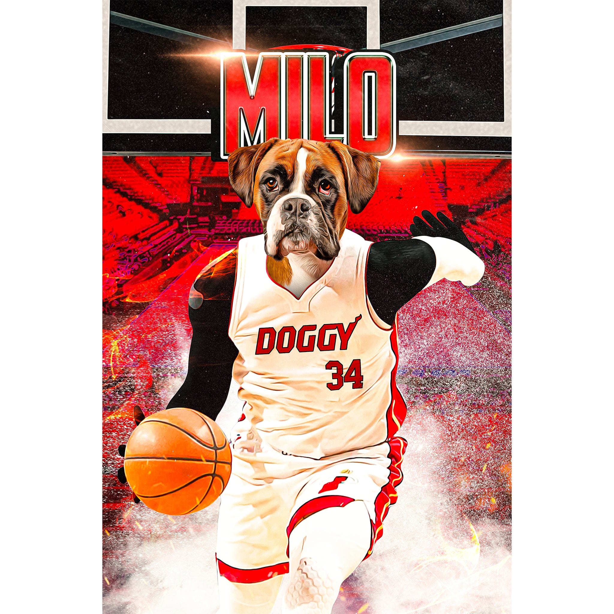 Personalized digital portrait of a boxer dog in a basketball uniform with "MILO" and "DOGGY 34" text.