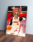 Personalized 'Doggo Heat' canvas featuring a boxer dog in a white basketball jersey, dribbling.