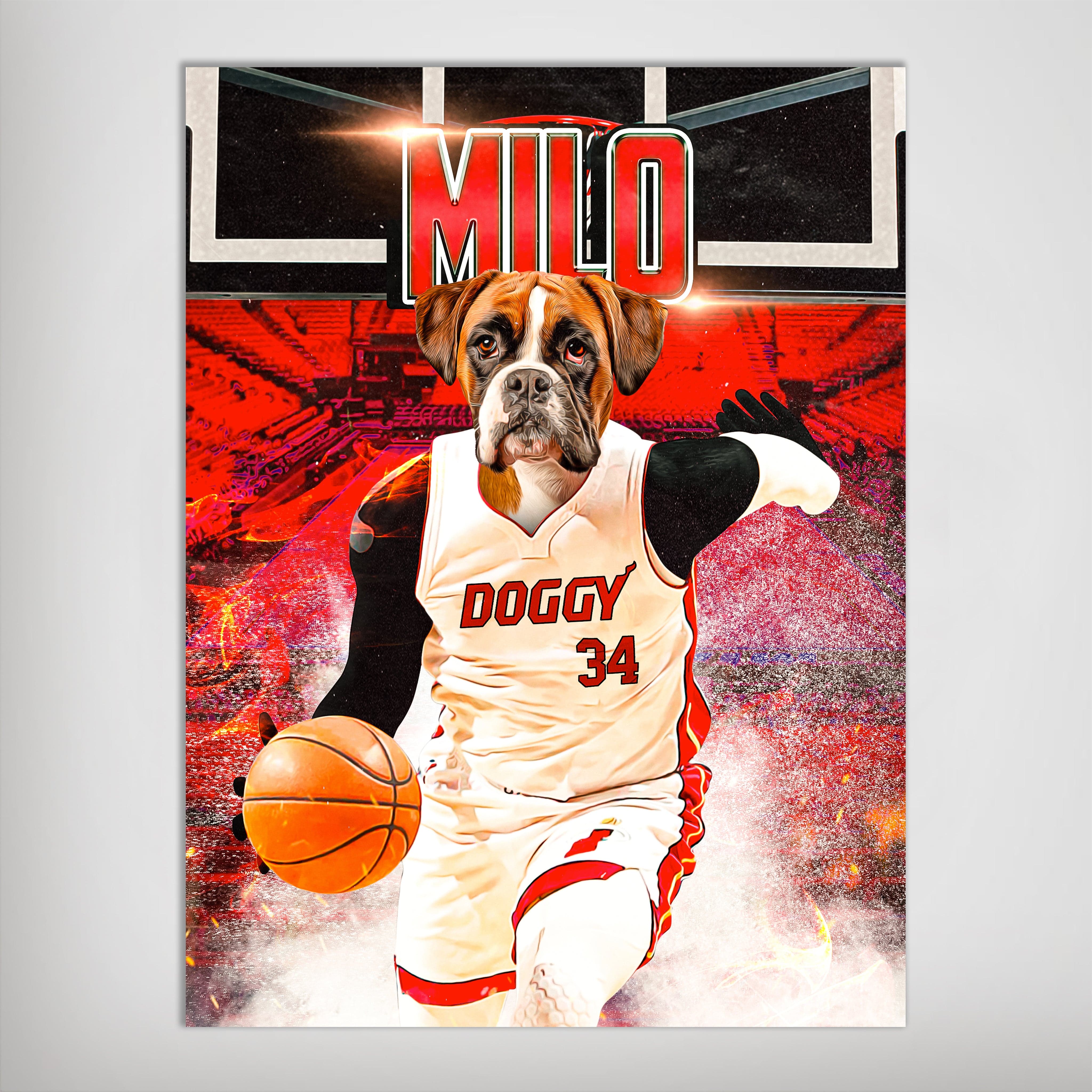 Personalized "Doggo Heat" poster featuring a boxer dog in a white basketball uniform with "DOGGY 34" and "MILO" text.