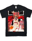 Black Gildan t-shirt with a boxer dog's head on a basketball player's body, dribbling a ball.