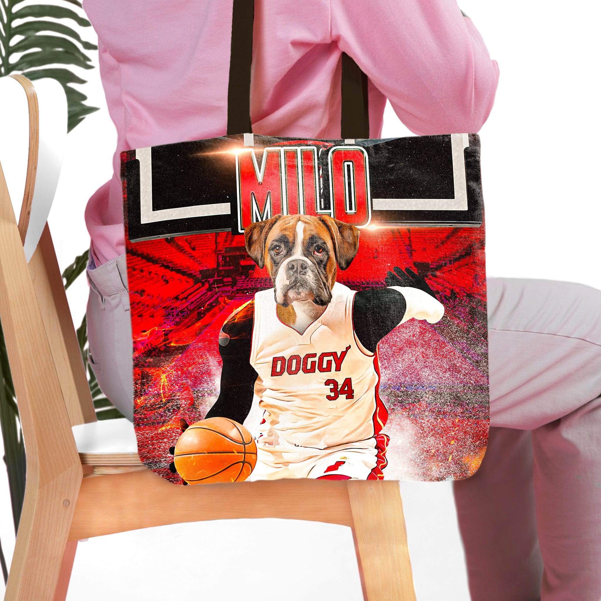 Personalized tote bag with a custom boxer dog pet portrait in a basketball uniform.