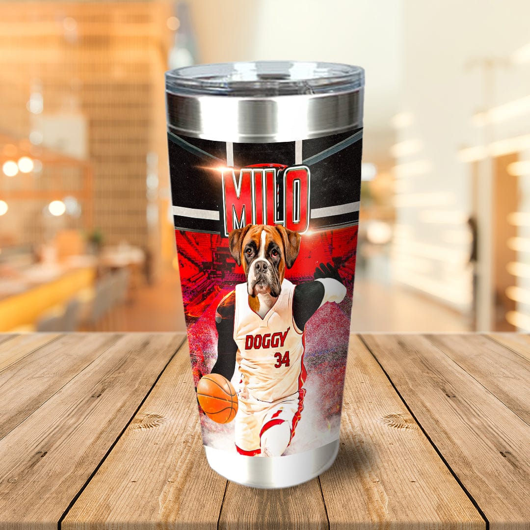 Personalized stainless steel tumbler with a boxer dog in a basketball uniform, named "MILO".
