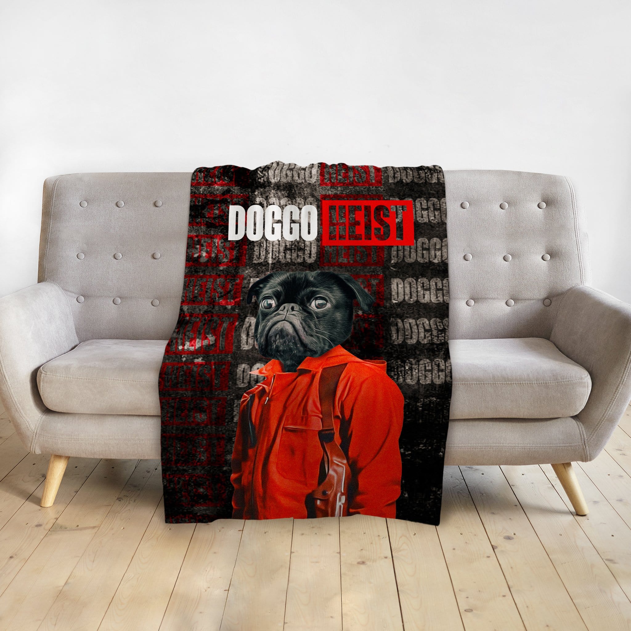 Personalized pet blanket featuring a black pug in an orange jumpsuit, "Doggo Heist" text, and red distressed background.